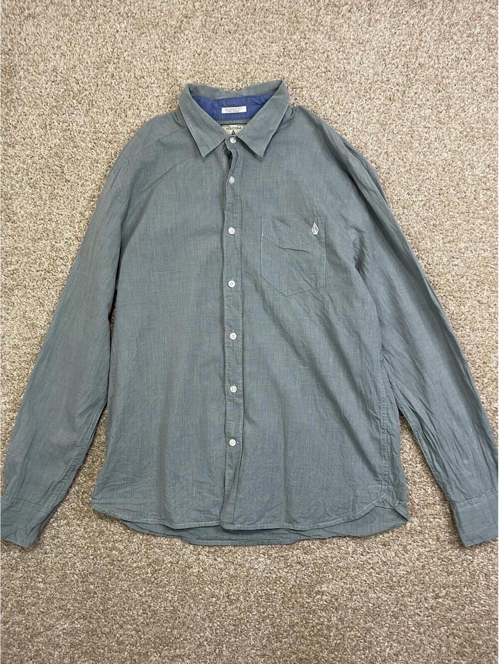 Volcom Modern Fit Long Sleeve Button‎ Down Collared Shirt Green Mens Size Médium
